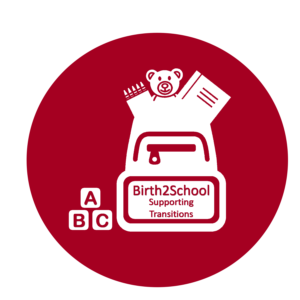 Icon of a backpack filled with toys with a Birth2School Supporting Transitions label